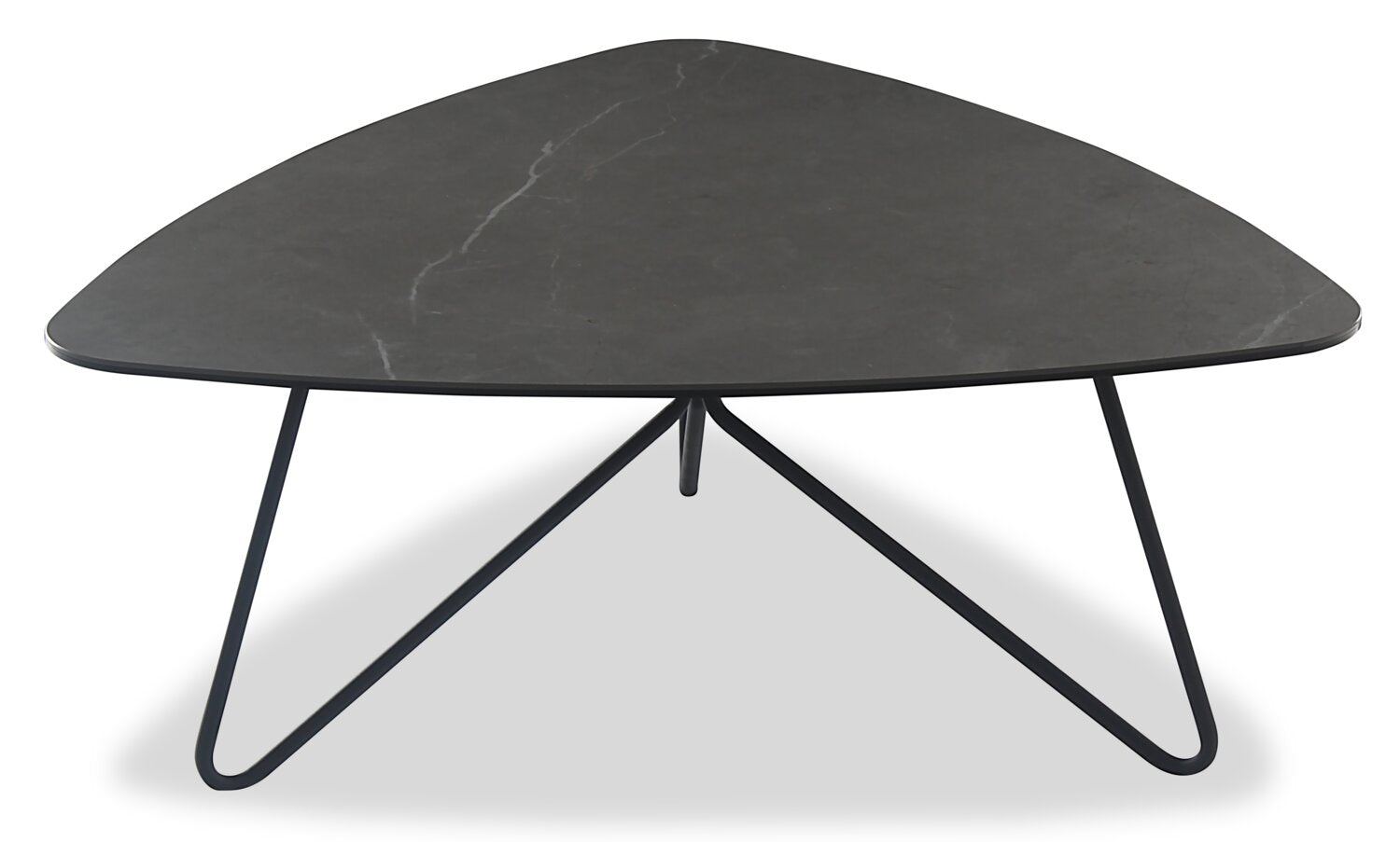 Hamilton 37.99" Modern Triangular Coffee Table - Grey Marble Look Top with Black Metal Legs|Table à café triangulaire moderne Hamilton de 37,99 po - dessus en imitation de marbre gris avec pattes en métal noir