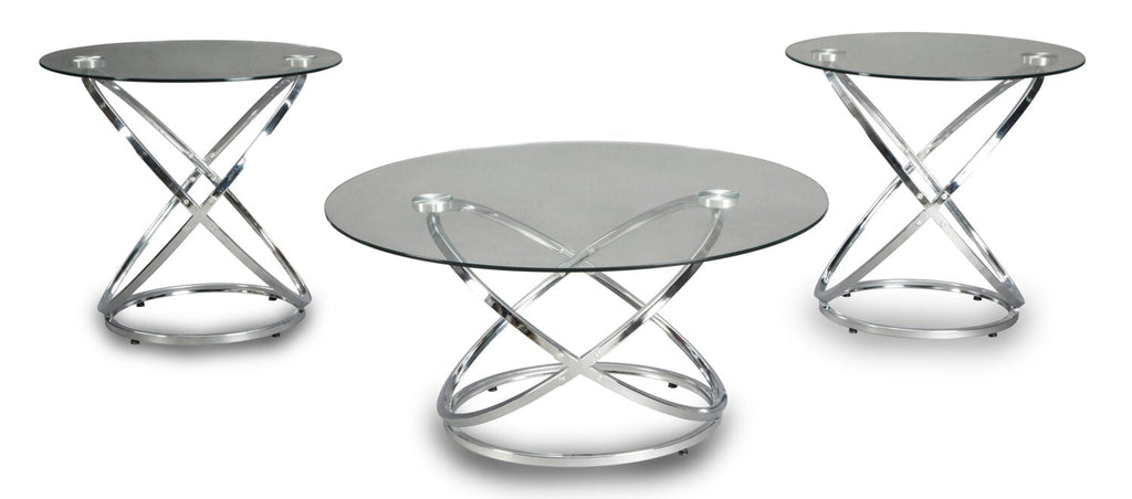 Hollynx 38" Glam Round 3-Pack Coffee + 2 End Tables - Silver Metal Base with Glass Top|Ensemble 3 tables rondes somptueuses Hollynx de 38 po (table à café et 2 tables de bout) - base en métal argenté avec dessus en verre