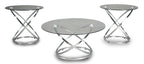 Hollynx 38" Glam Round 3-Pack Coffee + 2 End Tables - Silver Metal Base with Glass Top|Ensemble 3 tables rondes somptueuses Hollynx de 38 po (table à café et 2 tables de bout) - base en métal argenté avec dessus en verre