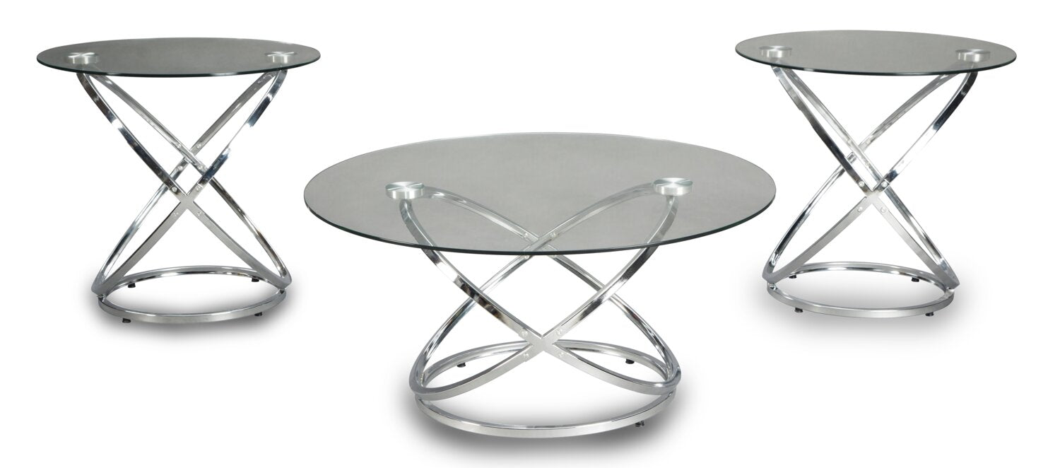 Hollynx 38" Glam Round 3-Pack Coffee + 2 End Tables - Silver Metal Base with Glass Top|Ensemble 3 tables rondes somptueuses Hollynx de 38 po (table à café et 2 tables de bout) - base en métal argenté avec dessus en verre