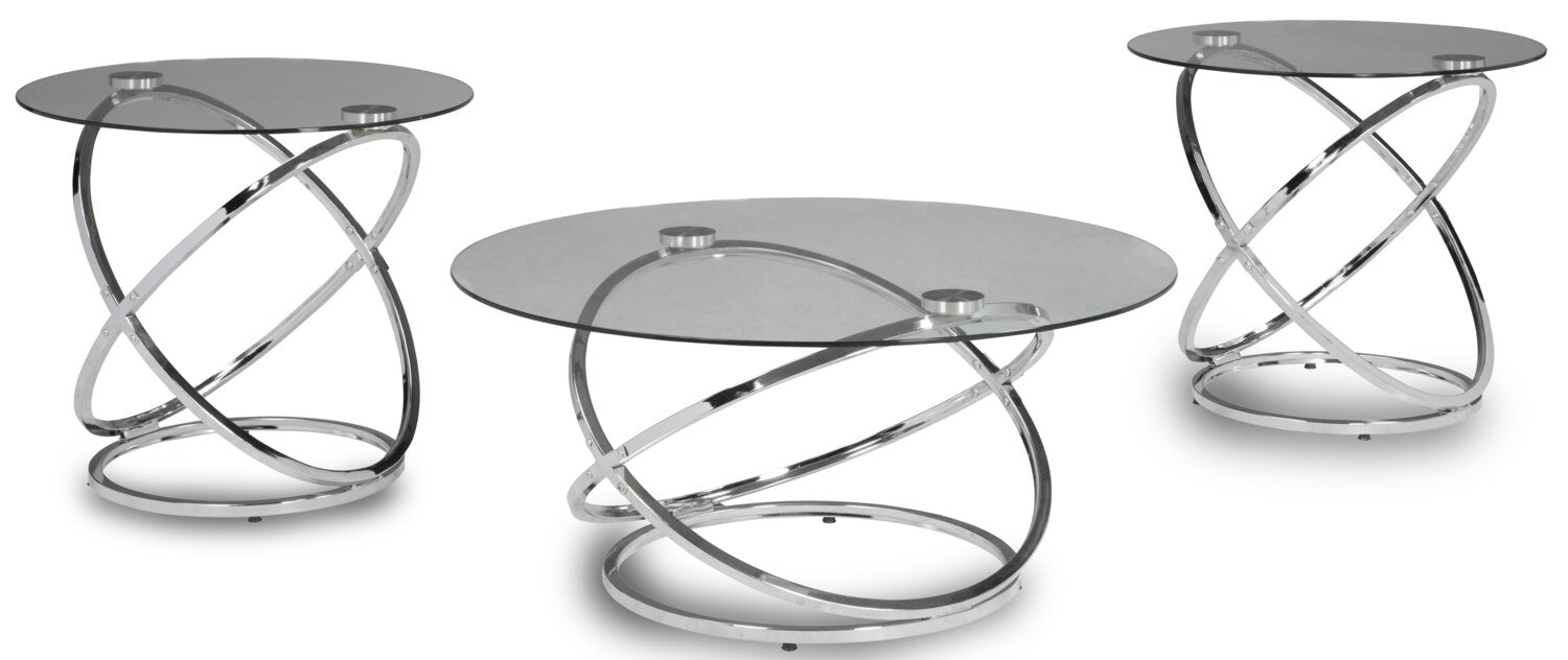 Hollynx 38" Glam Round 3-Pack Coffee + 2 End Tables - Silver Metal Base with Glass Top|Ensemble 3 tables rondes somptueuses Hollynx de 38 po (table à café et 2 tables de bout) - base en métal argenté avec dessus en verre