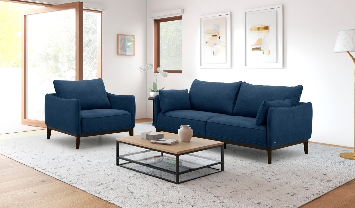 Cindy Crawford Home Gena 78.7" Linen-Look Fabric Condo Size Sofa with Removable Back Cushions - Midnight Blue | Sofa Gena de Cindy Crawford Home de 78,7 po de format condo en tissu d’apparence lin avec coussins de dossier amovibles - bleu minuit