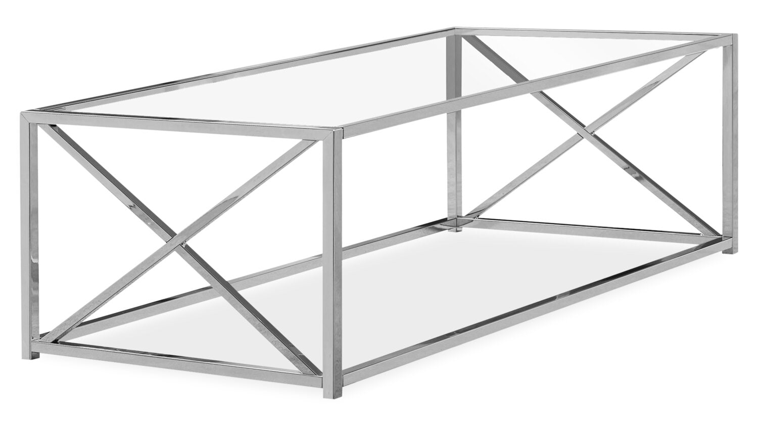 Coral 44" Modern Glass Top Coffee Table - Chrome with Metal Base|Table à café moderne Coral de 44 po avec dessus en verre - chromée avec base en métal
