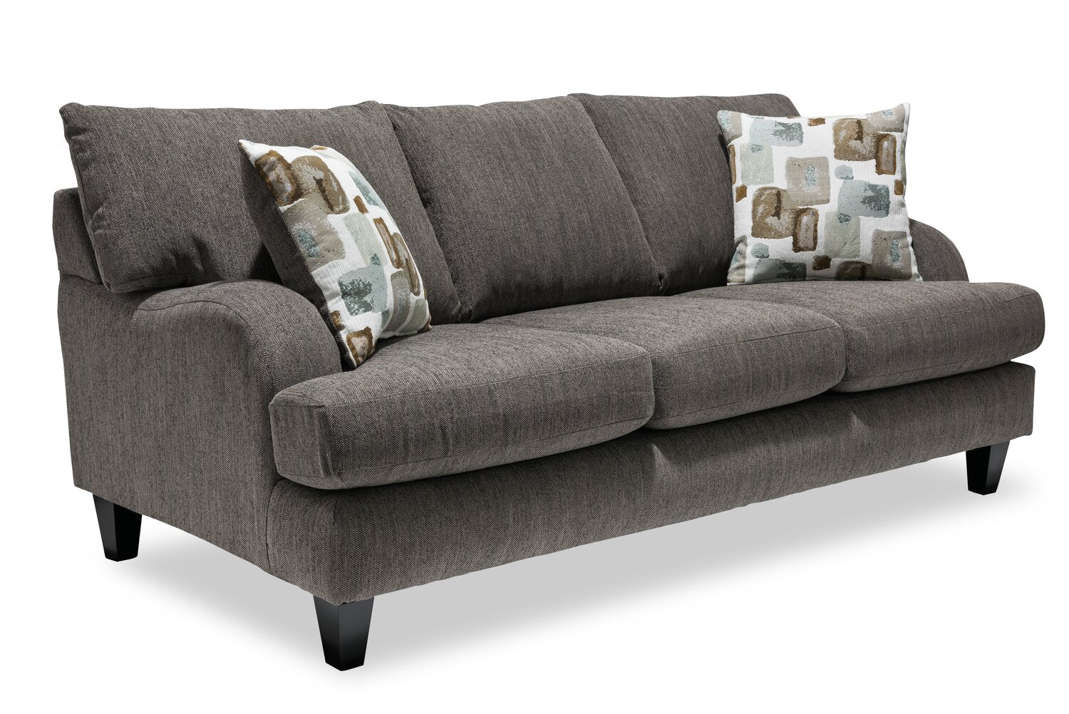 Made in Canada Nofia 80" Chenille Fabric Sofa with Two Accent Pillows and Wood Legs - Charcoal Grey | Sofa Nofia de 80 po fabriqué au Canada en tissu de chenille avec 2 coussins décoratifs et pattes en bois - gris anthracite