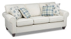 Made in Canada Scarlett 87" Chenille Fabric Sofa with Rolled Arms and Accent Pillows - Ecru Beige | Sofa Scarlett de 87 po fabriqué au Canada en tissu de chenille avec accoudoirs enroulés et coussins décoratifs - beige écru