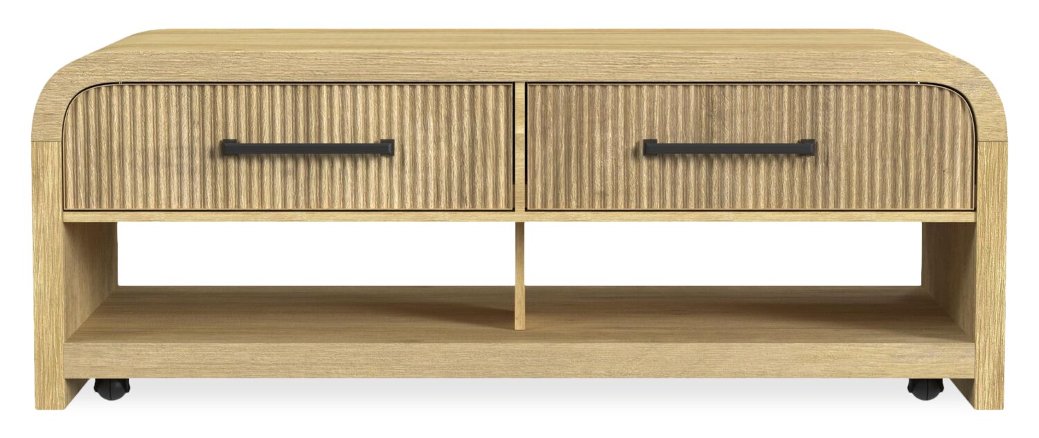 Lenore 48” Modern Coffee Table with Storage, Shelf and Casters - Natural | Table à café moderne Lenore de 48 po avec rangement, tablette et roulettes - naturelle