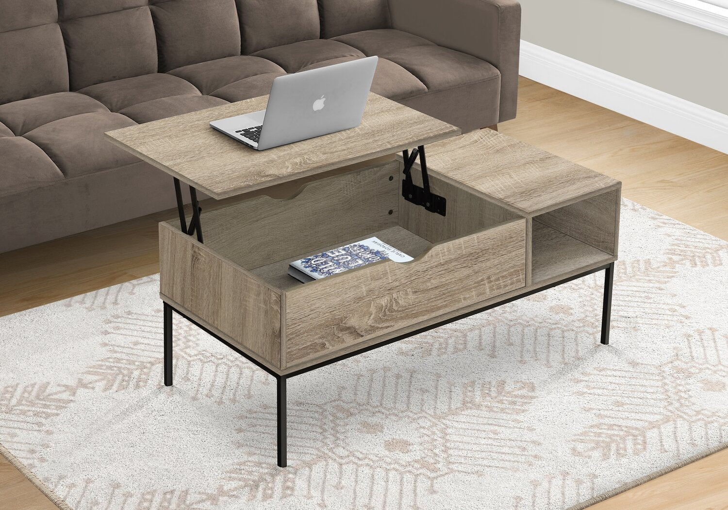 Bence 42" Modern Lift Top Coffee Table with Storage - Taupe with Black Metal Legs|Table à café moderne Bence de 42 po avec dessus relevable et rangement - taupe avec pattes en métal noir