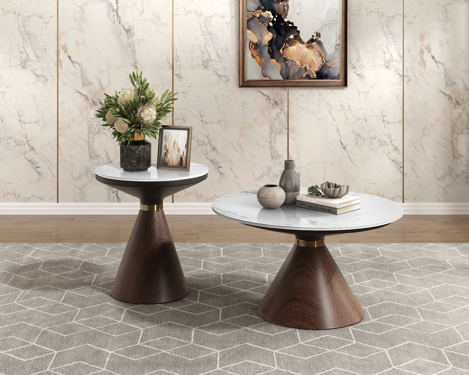 Alwin 31.5” Modern Round Coffee Table with White Sintered Stone Top - Brown | Table à café ronde moderne Alwin de 31,5 po avec dessus en pierre frittée blanche - brune