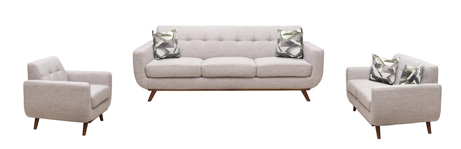 Kort & Co. Freeman 88" Linen-Look Fabric Sofa with Wood Base and Tufted Back Cushions - Dove White | Sofa Freeman Kort & Co. de 88 po en tissu d’apparence lin avec pattes en bois et coussins de dossier capitonnés - blanc colombe