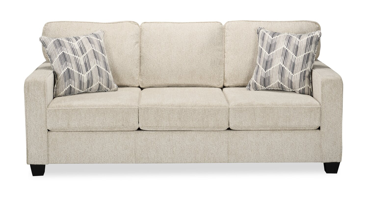 Made in Canada Lennox 83" Chenille Fabric Sofa with Reversible Cushions and Accent Pillows - Taupe | Sofa Lennox de 83 po fabriqué au Canada en tissu de chenille avec coussins réversibles et coussins décoratifs - taupe