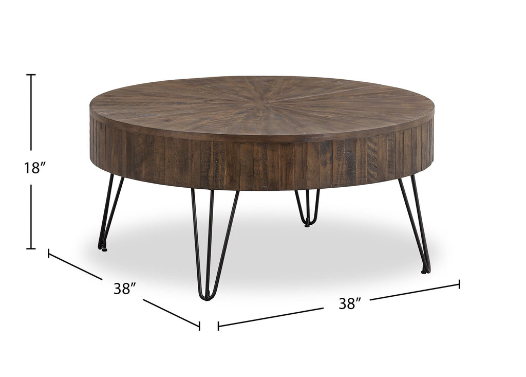 Kort & Co. Sol 38” Rustic Round Solid Pine Wood Coffee Table - Brown | Table à café ronde rustique Sol de Kort & Co. de 38 po en pin massif - brune