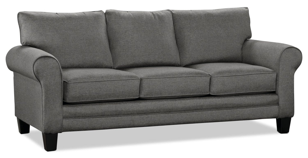 Made in Canada Tula 88" Fabric Sofa with Rolled Arms and Accent Pillows - Steel Grey | Sofa Tula de 88 po fabriqué au Canada en tissu avec accoudoirs enroulés et coussins décoratifs - gris acier