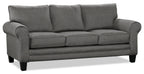Made in Canada Tula 88" Fabric Sofa with Rolled Arms and Accent Pillows - Steel Grey | Sofa Tula de 88 po fabriqué au Canada en tissu avec accoudoirs enroulés et coussins décoratifs - gris acier
