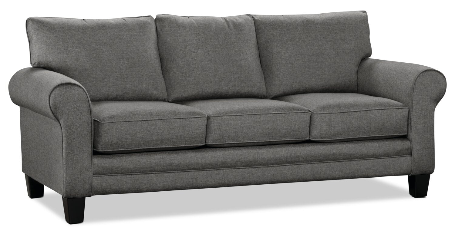 Made in Canada Tula 88" Fabric Sofa with Rolled Arms and Accent Pillows - Steel Grey | Sofa Tula de 88 po fabriqué au Canada en tissu avec accoudoirs enroulés et coussins décoratifs - gris acier