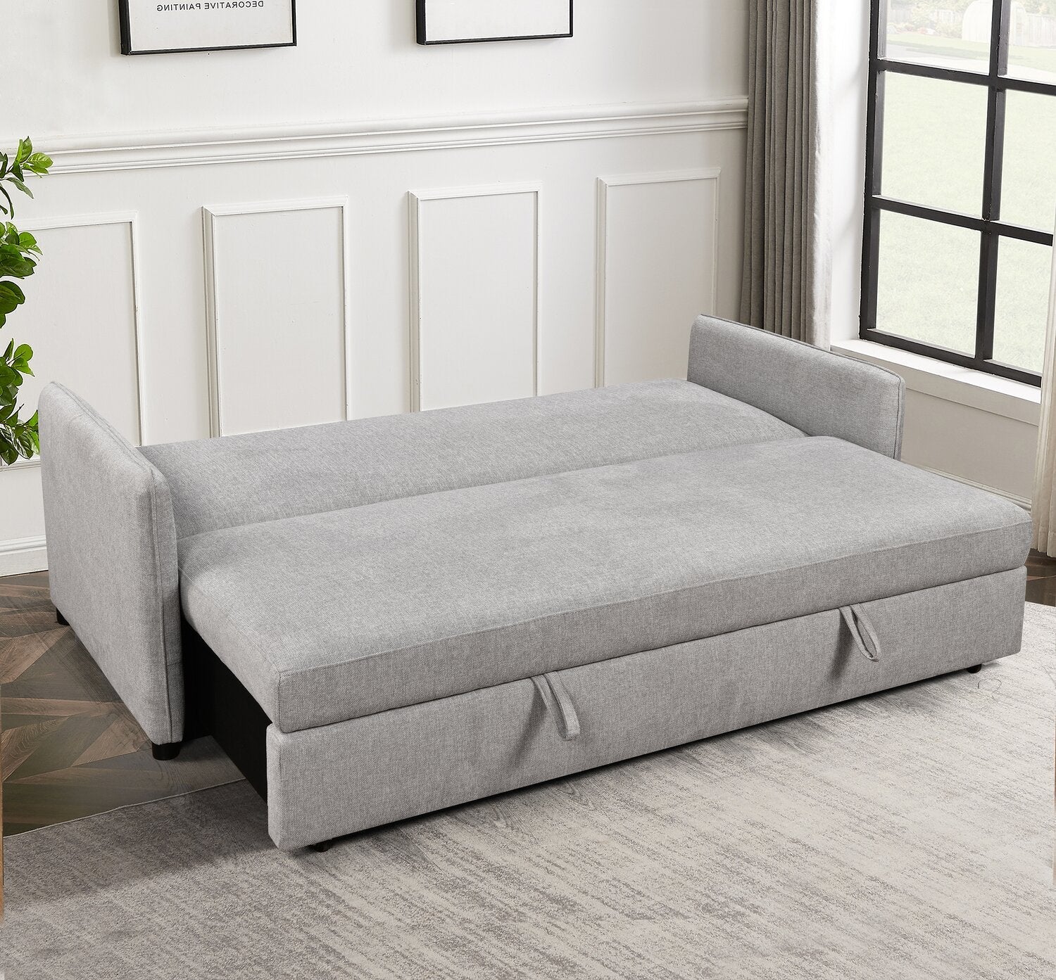 Shadow 82.5" Linen-Look Fabric Sleeper Sofa with Storage and Two Armrest Pillows - Grey | Sofa-lit Shadow de 82,5 po en tissu d’apparence lin avec rangement et deux accoudoirs coussinés - gris