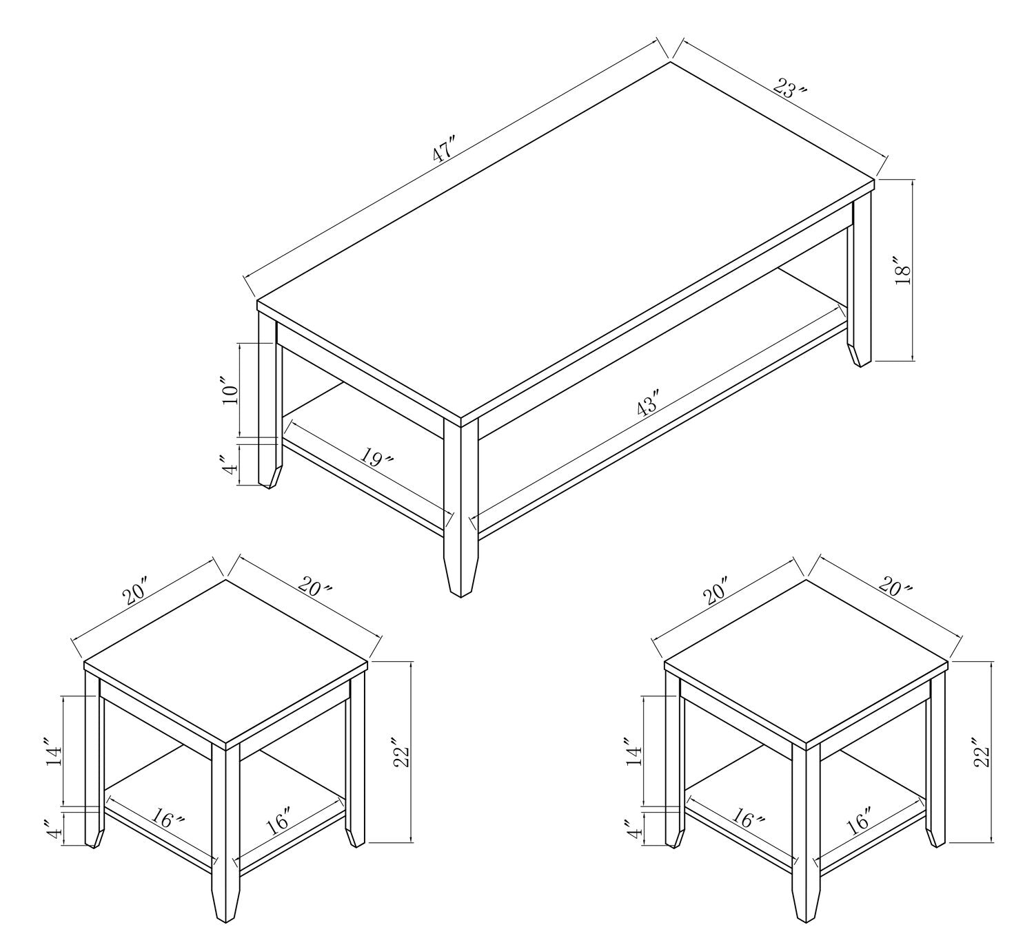 Aspen 47.3" Traditional 3-Pack Coffee + 2 End Tables - White | Ensemble 3 tables traditionnelles Aspen de 47,3 po (table à café et 2 tables de bout) - blanc