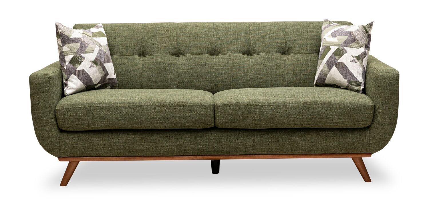 Kort & Co. Freeman 80” Linen-Look Fabric Condo Size Sofa with Wood Legs - Avocado Green | Sofa Freeman de Kort & Co. de 80 po de format condo en tissu d’apparence lin avec base et pattes en bois - vert avocat