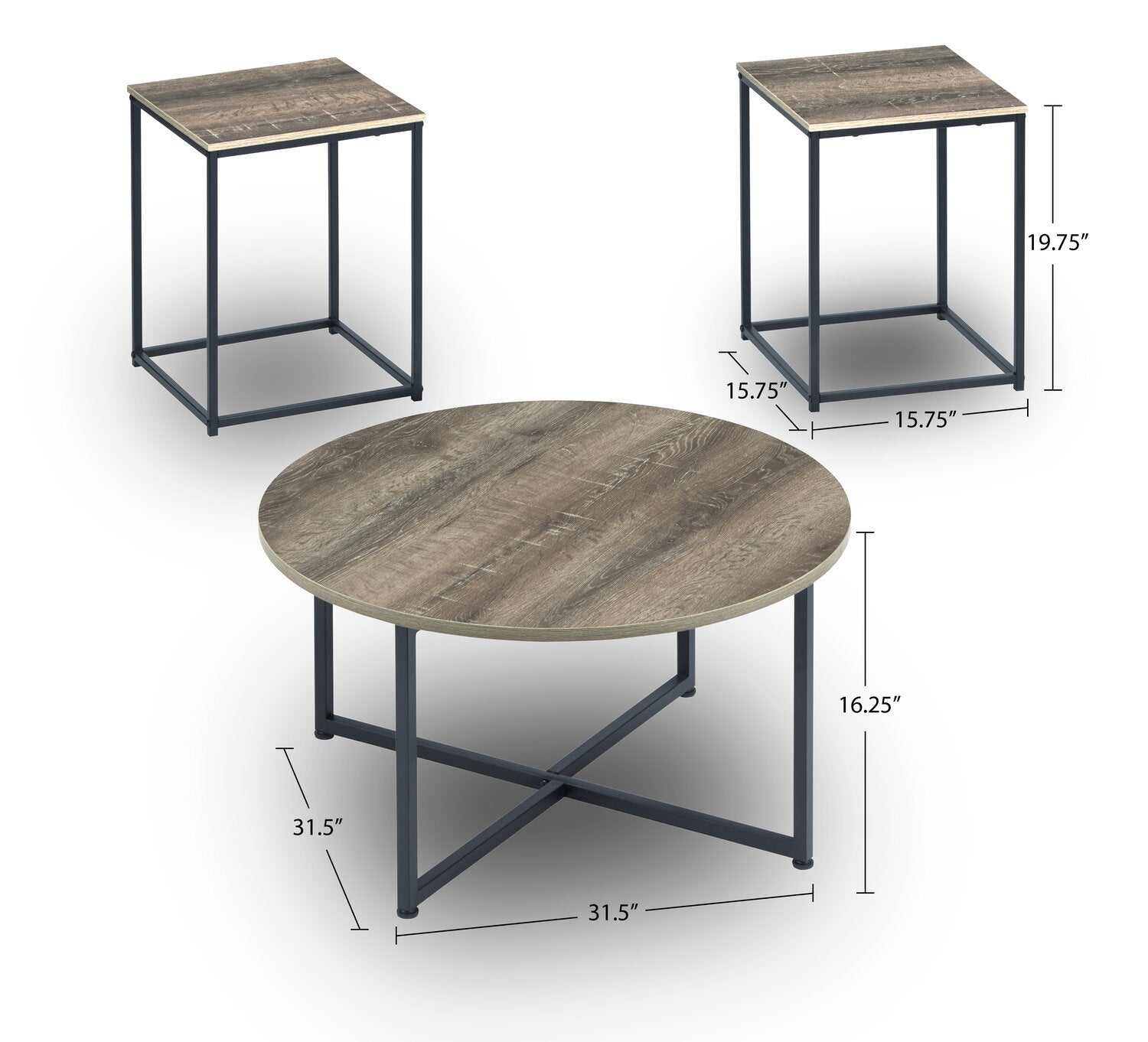 Wadeworth 31.5" Rustic 3-Pack Coffee + 2 End Tables - Taupe with Metal Legs|Ensemble 3 tables rustiques Wadeworth de 31,5 po (table à café et 2 tables de bout) - taupe avec pattes en métal