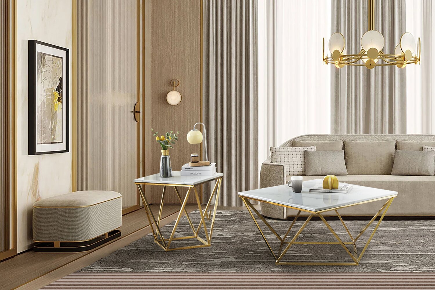 Amanda 31.5" Modern Square Coffee Table - White Marble Top with Gold Metal Base | Table à café carrée moderne Amanda de 31,5 po - dessus en marbre blanc avec base en métal doré