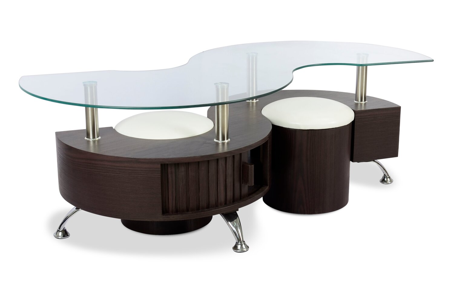 Savon  52.5" Modern S-shaped 3-Pack Coffee + 2 Ottomans with Storage and Shelf - Dark Walnut Wood and Chrome |Ensemble 3 articles modernes en forme de S Savon de 52,5 po (table à café et 2 poufs) avec rangement et tablette - bois noyer foncé et chrome