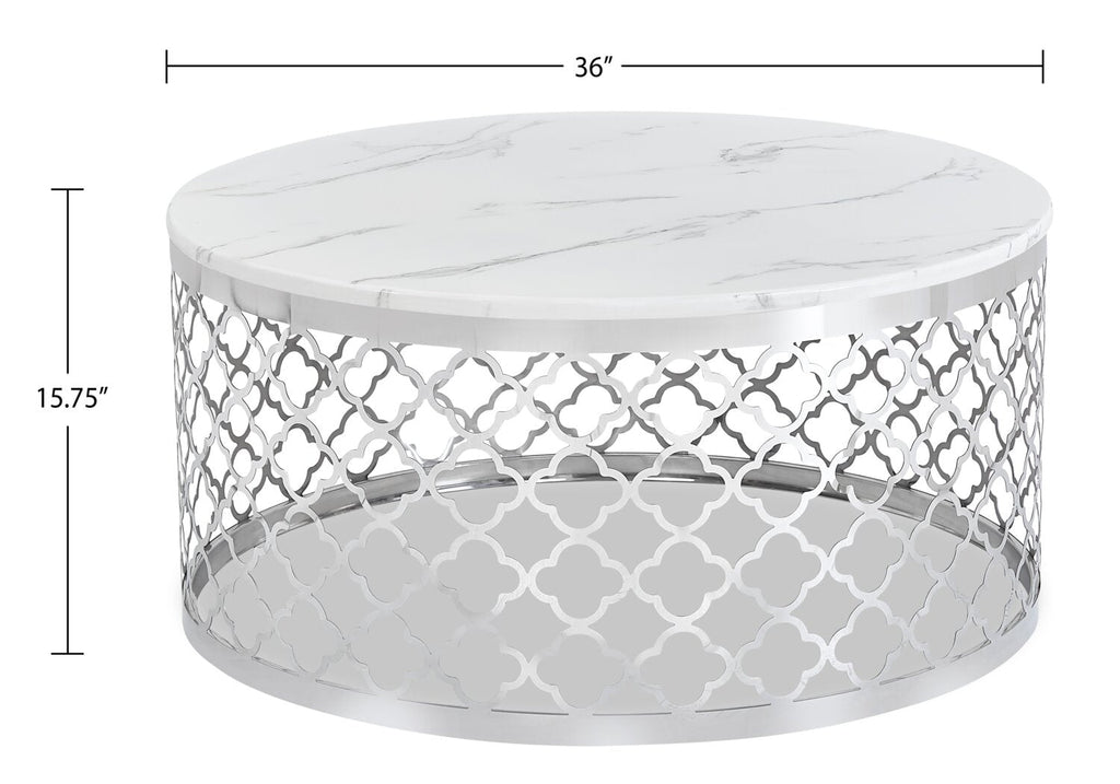 Belle 36" Glam Round Sofa Table - White Marble Top with Stainless Steel Base|Table de salon ronde somptueuse Belle de 36 po - dessus en marbre blanc avec base en acier inoxydable