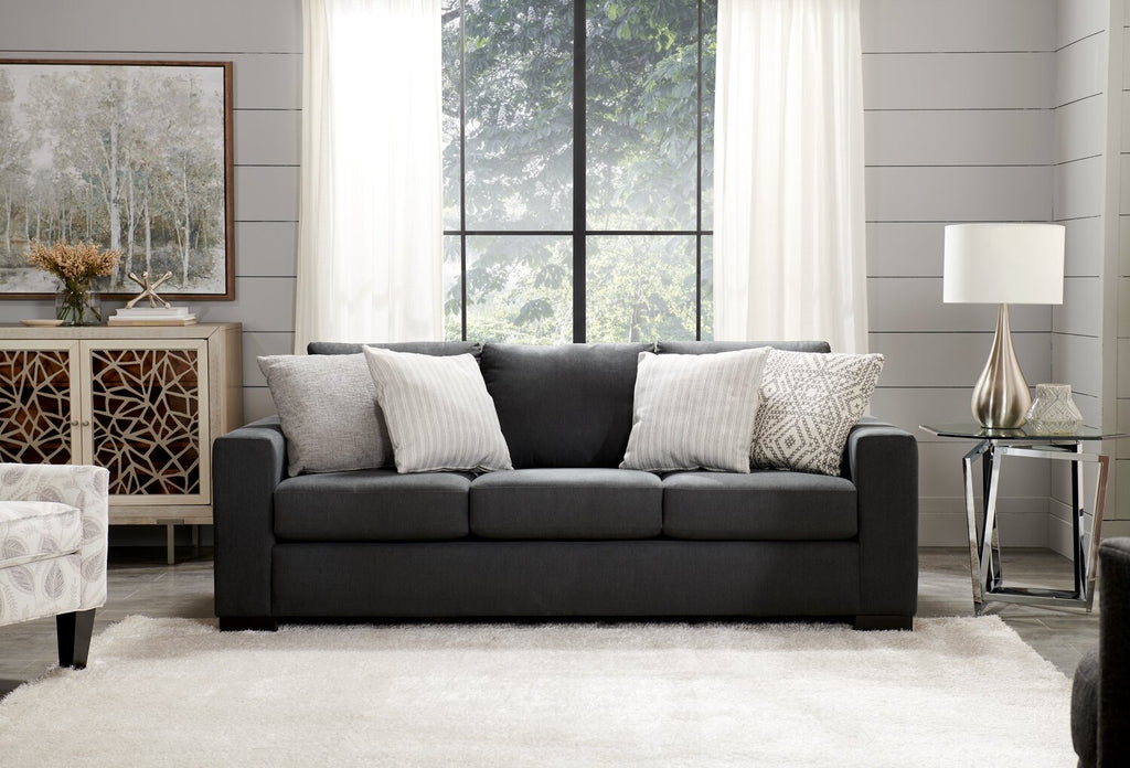 Made in Canada Customizable Sofa Lab Track 85" Linen-Look Fabric Sofa with Track Arms - Pax Pepper Grey | Sofa Track de Sofa Lab de 85 po fabriqué au Canada en tissu d’apparence lin avec accoudoirs rectilignes - gris Pax Pepper | TR102949