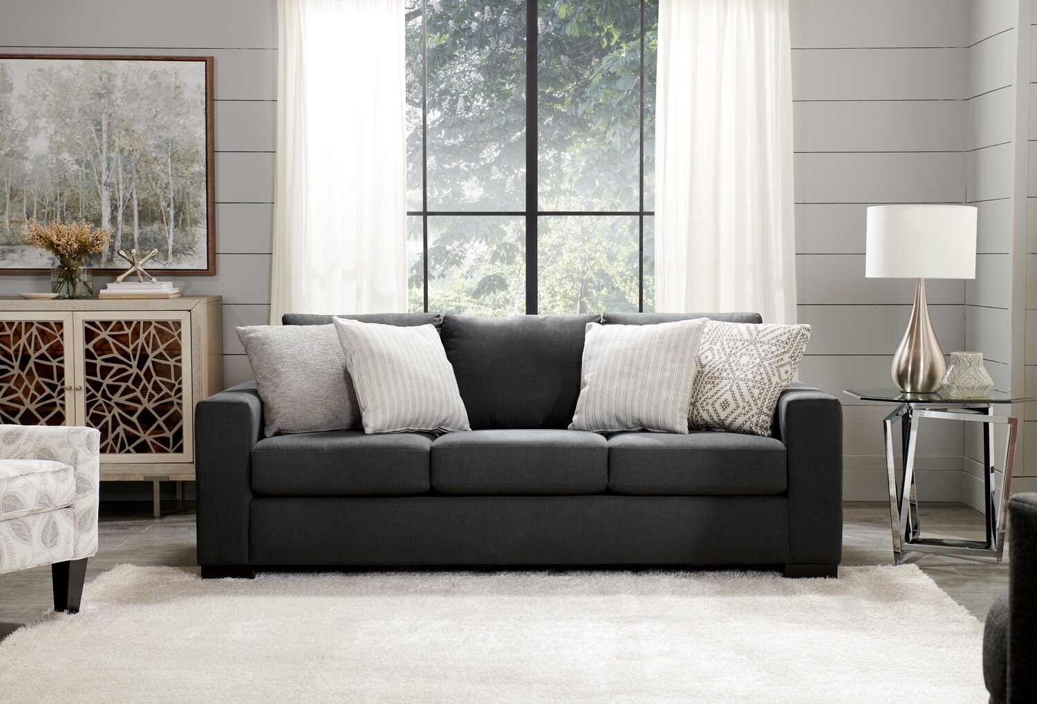 Made in Canada Customizable Sofa Lab Track 85" Linen-Look Fabric Sofa with Track Arms - Pax Pepper Grey | Sofa Track de Sofa Lab de 85 po fabriqué au Canada en tissu d’apparence lin avec accoudoirs rectilignes - gris Pax Pepper | TR102949
