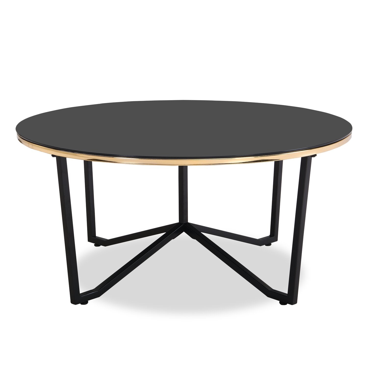 Xander 36" Modern Round Glass Top Coffee Table - Black and Gold with Metal Legs|Table à café ronde moderne Xander de 36 po avec dessus en verre - noire et dorée avec pattes en métal