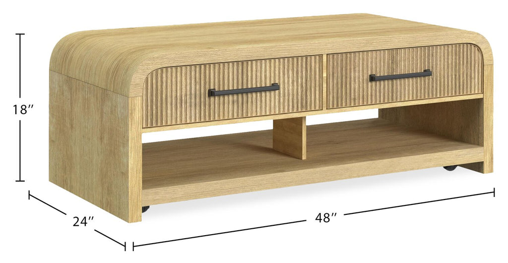 Lenore 48” Modern Coffee Table with Storage, Shelf and Casters - Natural | Table à café moderne Lenore de 48 po avec rangement, tablette et roulettes - naturelle