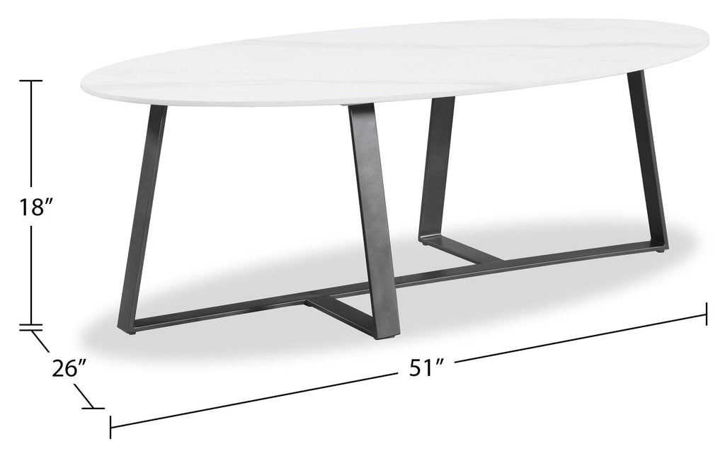 Kort & Co. Nico 51" Modern Oval Coffee Table - White Sinetered Stone with Dark Grey Metal Legs|Table à café ovale moderne Nico de Kort & Co. de 51 po - pierre frittée blanche avec pattes en métal gris foncé