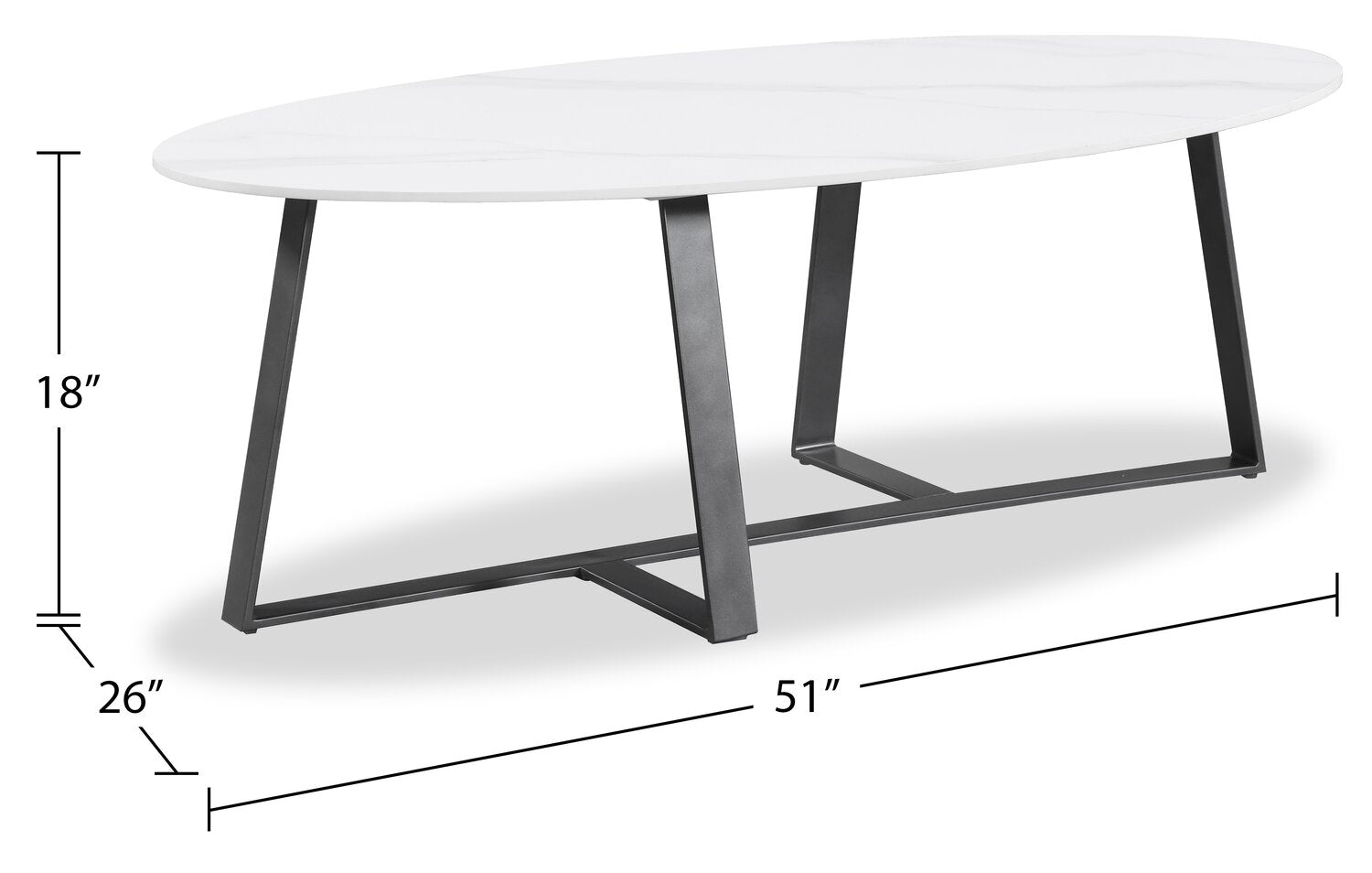Kort & Co. Nico 51" Modern Oval Coffee Table - White Sinetered Stone with Dark Grey Metal Legs|Table à café ovale moderne Nico de Kort & Co. de 51 po - pierre frittée blanche avec pattes en métal gris foncé