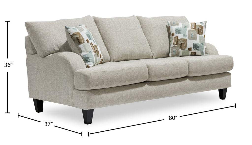 Made in Canada Nofia 80" Chenille Fabric Sofa with Two Accent Pillows and Wood Legs - Linen Beige | Sofa Nofia de 80 po fabriqué au Canada en tissu de chenille avec 2 coussins décoratifs et pattes en bois - beige lin