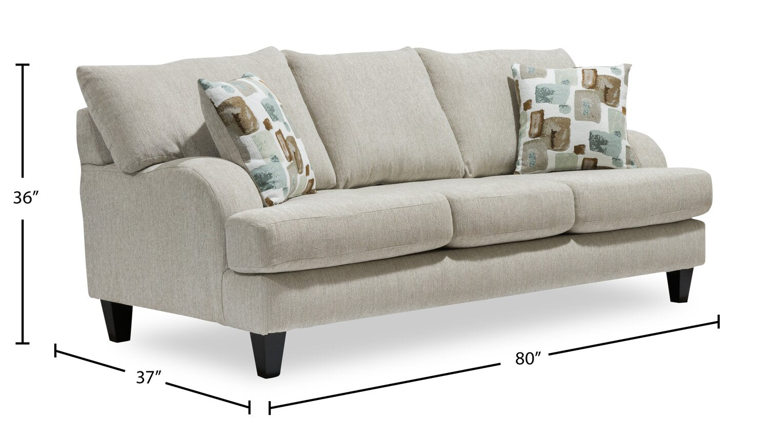 Made in Canada Nofia 80" Chenille Fabric Sofa with Two Accent Pillows and Wood Legs - Linen Beige | Sofa Nofia de 80 po fabriqué au Canada en tissu de chenille avec 2 coussins décoratifs et pattes en bois - beige lin