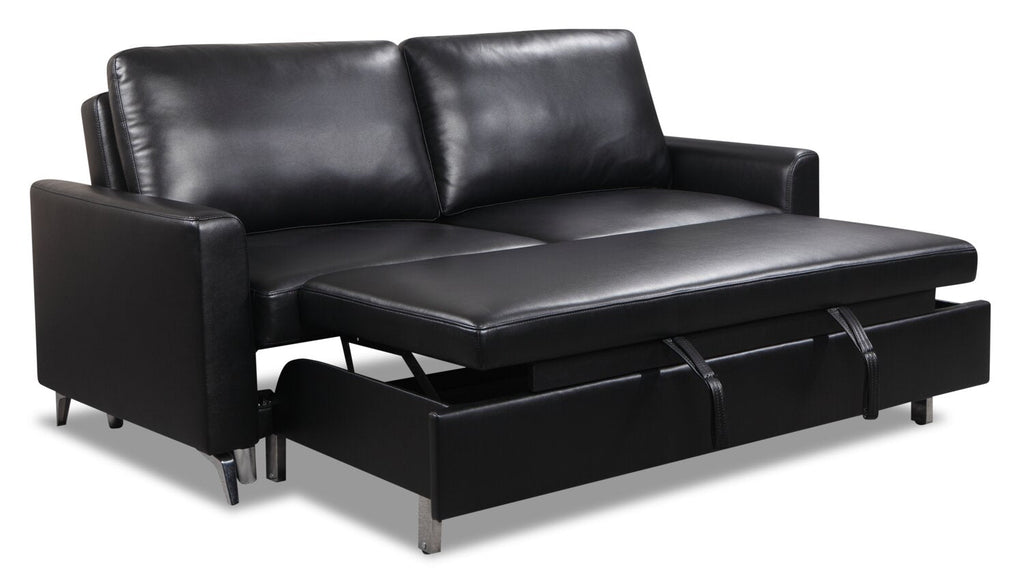 Wilson 77.5" Leather-Look Fabric Sleeper Sofa with Drop-Down Back Cushions and Metal Legs - Black | Sofa-lit Wilson de 77,5 po en tissu d’apparence cuir avec coussins de dossier rabattables et pattes en métal - noir