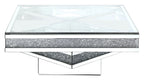 Rosie 39" Glam Mirror & Glass Top Coffee Table - Silver Metal with Diamond Look Legs|Table à café somptueuse Rosie de 39 po avec dessus en miroir et en verre - métal argenté avec pattes à apparence de diamant
