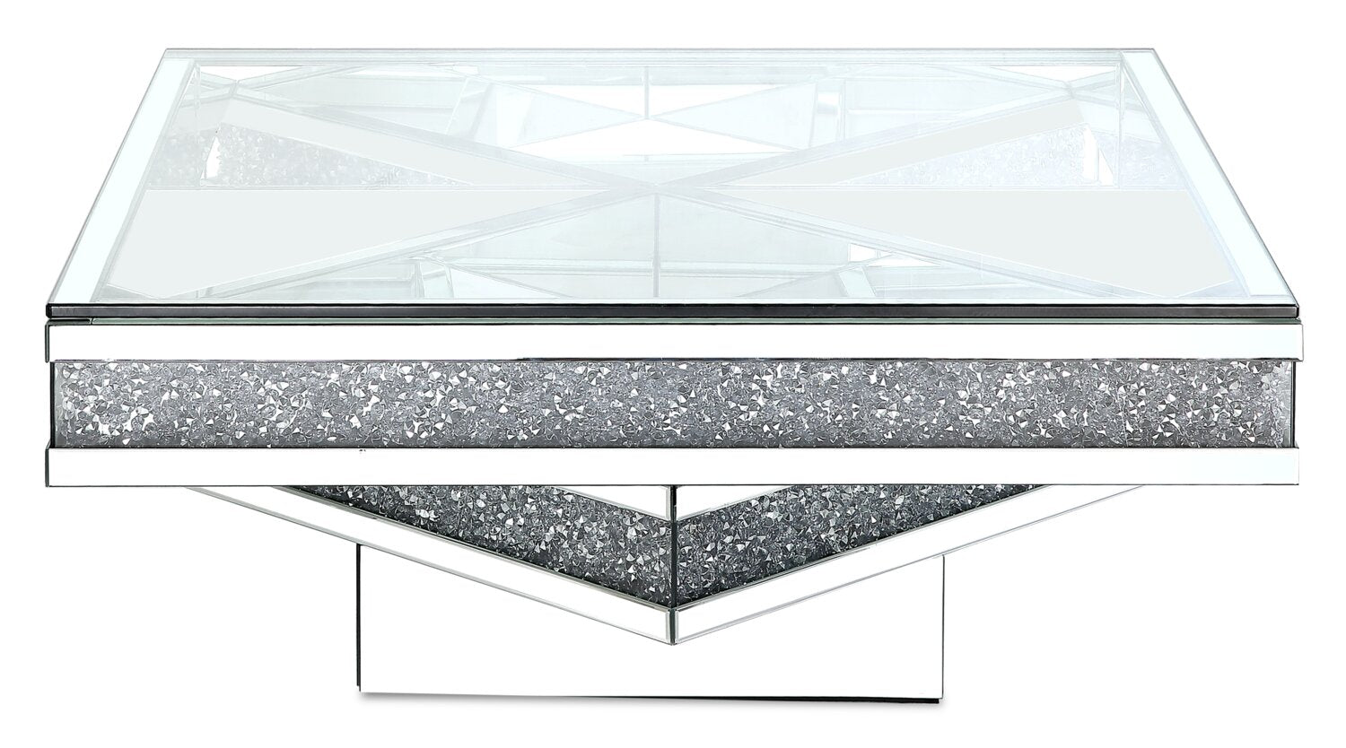 Rosie 39" Glam Mirror & Glass Top Coffee Table - Silver Metal with Diamond Look Legs|Table à café somptueuse Rosie de 39 po avec dessus en miroir et en verre - métal argenté avec pattes à apparence de diamant