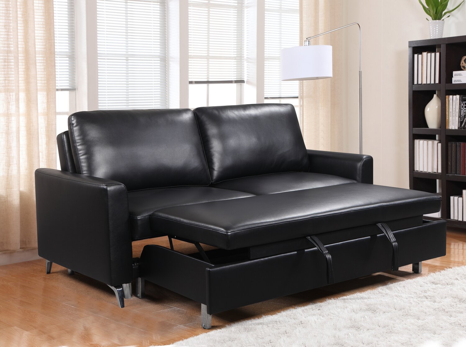 Wilson 77.5" Leather-Look Fabric Sleeper Sofa with Drop-Down Back Cushions and Metal Legs - Black | Sofa-lit Wilson de 77,5 po en tissu d’apparence cuir avec coussins de dossier rabattables et pattes en métal - noir