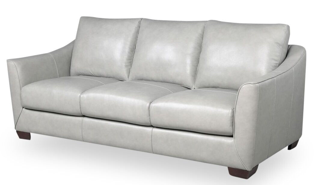 Cindy Crawford Home Royce 84" Genuine Leather Sofa with Removable Cushions and Wood Legs - Dove Grey | Sofa Royce de Cindy Crawford Home de 84 po en cuir véritable avec coussins amovibles et pattes en bois - gris tourterelle