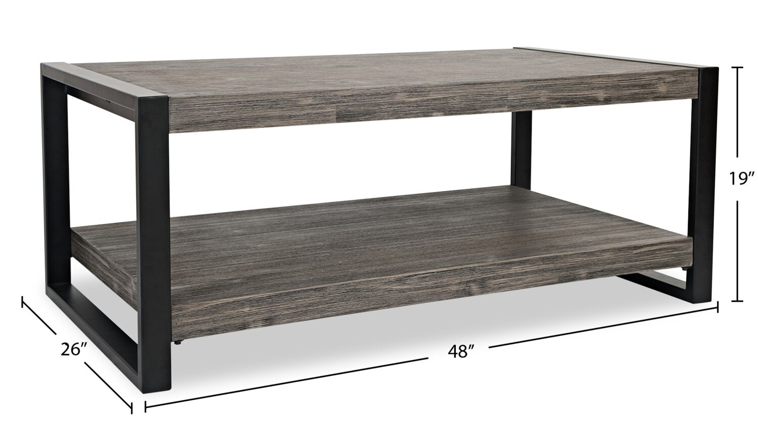 Apex 48" Modern Coffee Table with Shelf - Grey with Black Metal Legs|Table à café moderne Apex 48 po avec tablette - grise avec pattes en métal noir