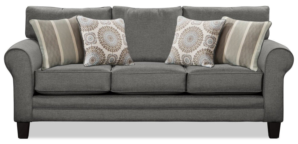Made in Canada Tula 88" Fabric Sofa with Rolled Arms and Accent Pillows - Steel Grey | Sofa Tula de 88 po fabriqué au Canada en tissu avec accoudoirs enroulés et coussins décoratifs - gris acier