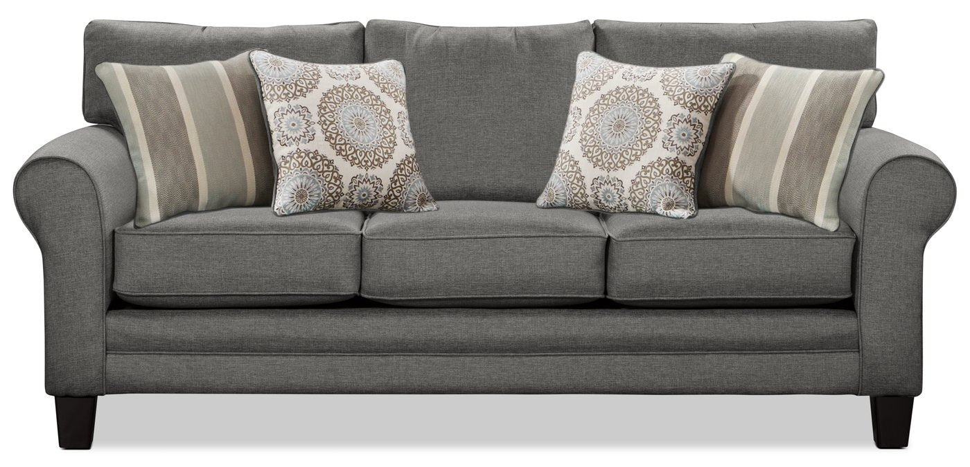 Made in Canada Tula 88" Fabric Sofa with Rolled Arms and Accent Pillows - Steel Grey | Sofa Tula de 88 po fabriqué au Canada en tissu avec accoudoirs enroulés et coussins décoratifs - gris acier