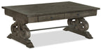 Bellamy 50" Traditional Coffee Table with Storage - Dark Brown Pine with Scroll Design Wood Base|Table à café traditionnelle Bellamy de 50 po avec rangement - pin brun foncé avec base en bois à volutes