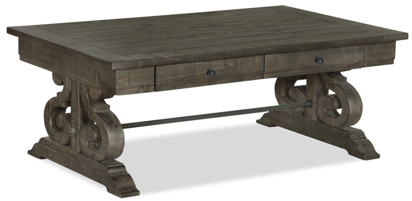 Bellamy 50" Traditional Coffee Table with Storage - Dark Brown Pine with Scroll Design Wood Base|Table à café traditionnelle Bellamy de 50 po avec rangement - pin brun foncé avec base en bois à volutes