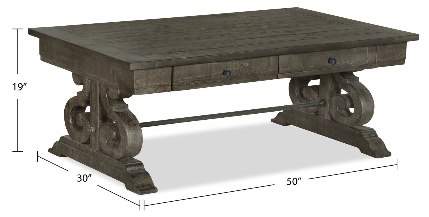 Bellamy 50" Traditional Coffee Table with Storage - Dark Brown Pine with Scroll Design Wood Base|Table à café traditionnelle Bellamy de 50 po avec rangement - pin brun foncé avec base en bois à volutes