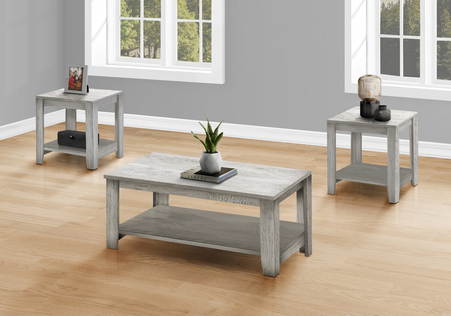 Lincoln 42" Traditional 3-Pack Coffee + 2 End Tables with Shelf - Grey |Ensemble 3 tables traditionnelles Lincoln de 42 po (table à café et 2 tables de bout) avec tablette - gris