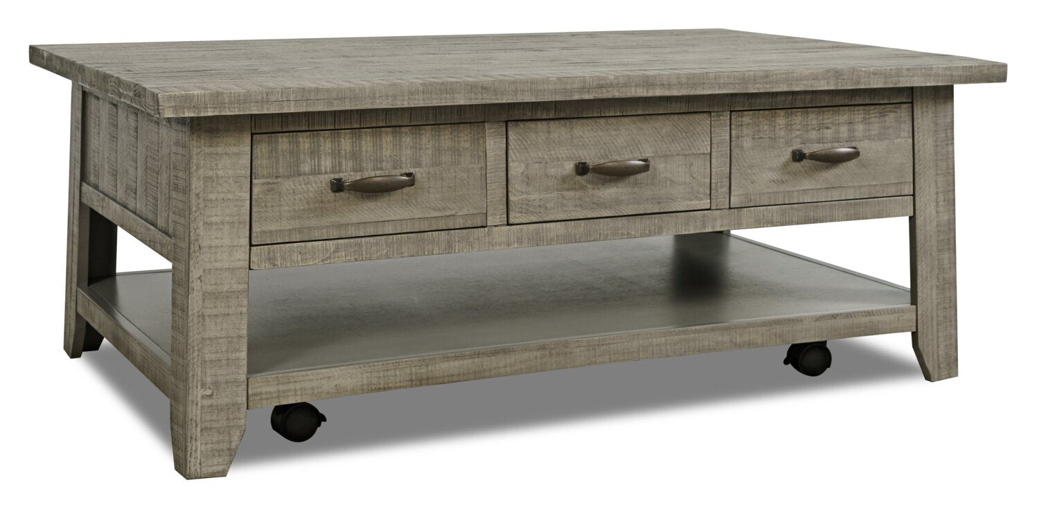 Colson 50" Rustic Coffee Table with Storage, Shelf and Casters - Driftwood |Table à café rustique Colson de 50 po avec rangement, tablette et roulettes - bois de grève
