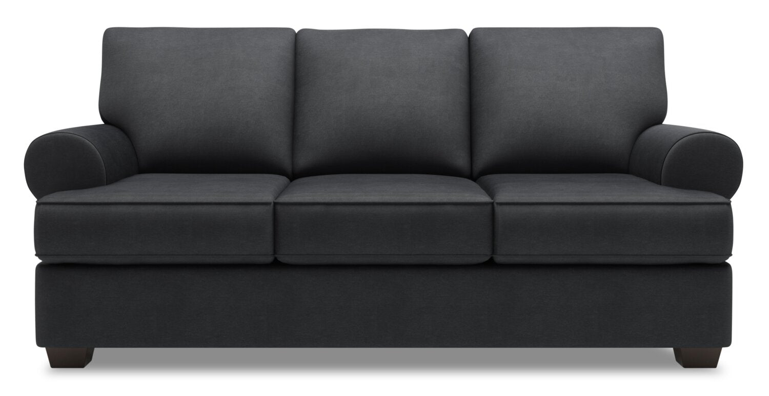 Made in Canada Customizable Sofa Lab Roll 86" Linen-Look Fabric Sofa with Rolled Arms - Pax Pepper Grey | Sofa Roll de Sofa Lab de 86 po fabriqué au Canada en tissu d’apparence lin avec accoudoirs enroulés - gris Pax Pepper | RO102949
