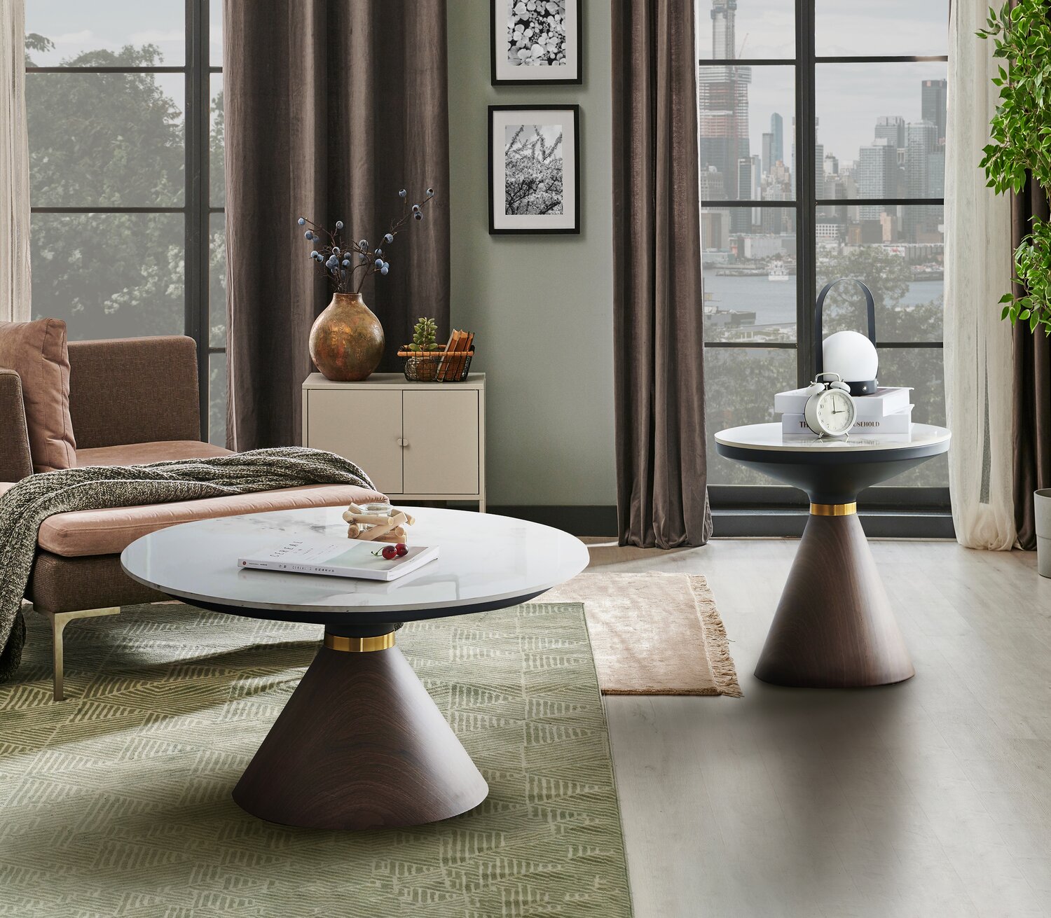 Alwin 31.5” Modern Round Coffee Table with White Sintered Stone Top - Brown | Table à café ronde moderne Alwin de 31,5 po avec dessus en pierre frittée blanche - brune
