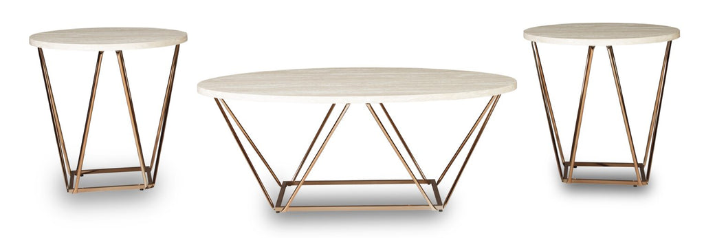 Tarica 47" Modern Oval 3-Pack Coffee + 2 End Tables - Cream and Gold with Metal Legs|Ensemble 3 tables ovales modernes Tarica de 47 po (table à café et 2 tables de bout) - crème et doré avec pattes en métal