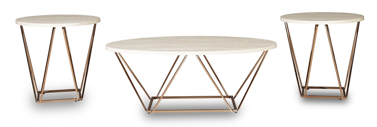 Tarica 47" Modern Oval 3-Pack Coffee + 2 End Tables - Cream and Gold with Metal Legs|Ensemble 3 tables ovales modernes Tarica de 47 po (table à café et 2 tables de bout) - crème et doré avec pattes en métal